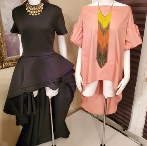 Womens Black Runway High Low Peplum Top Maxi Dress Short Sleeve Ruffle